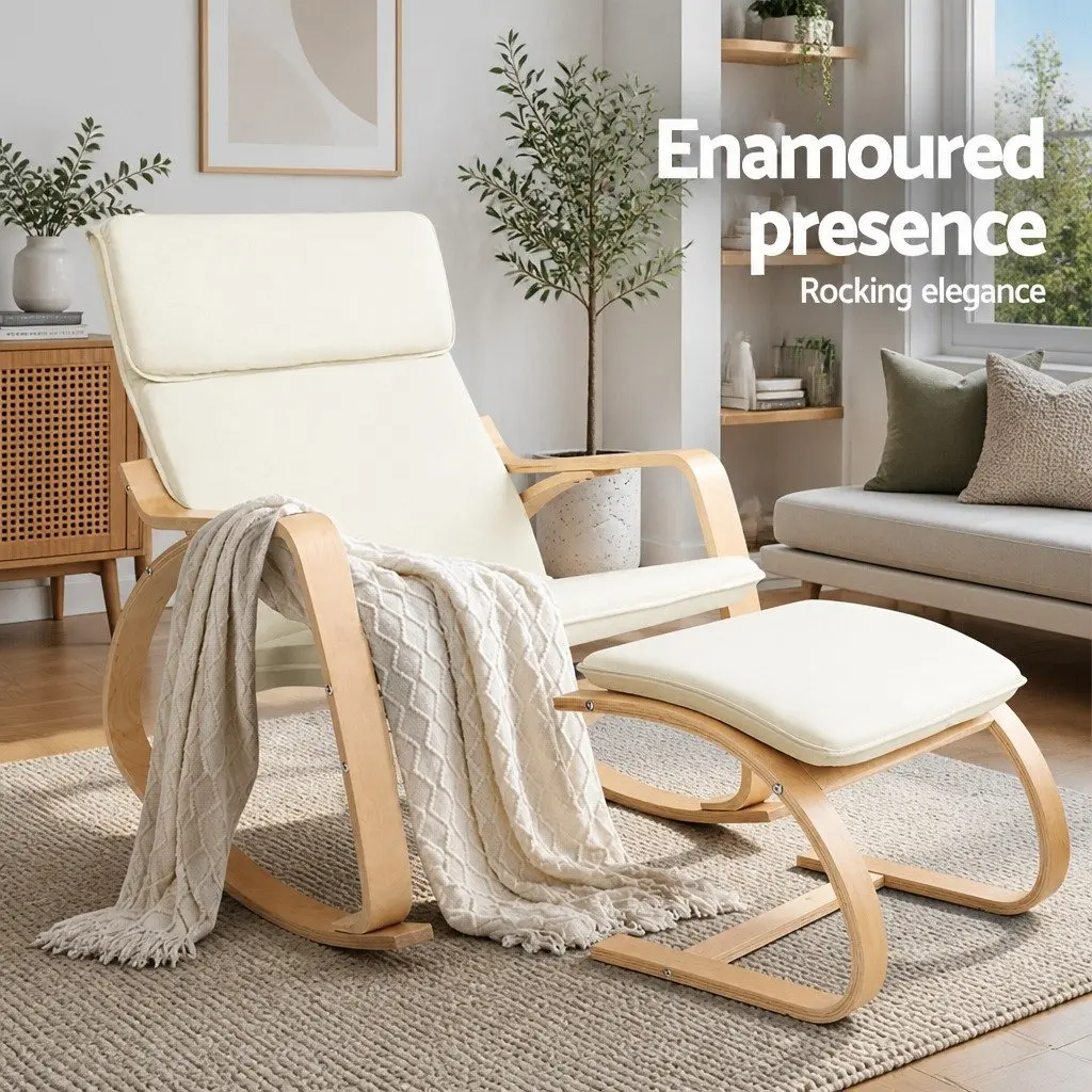 Rocking Armchair with Footstool Bentwood Contemporary Design Beige Lounge Chair