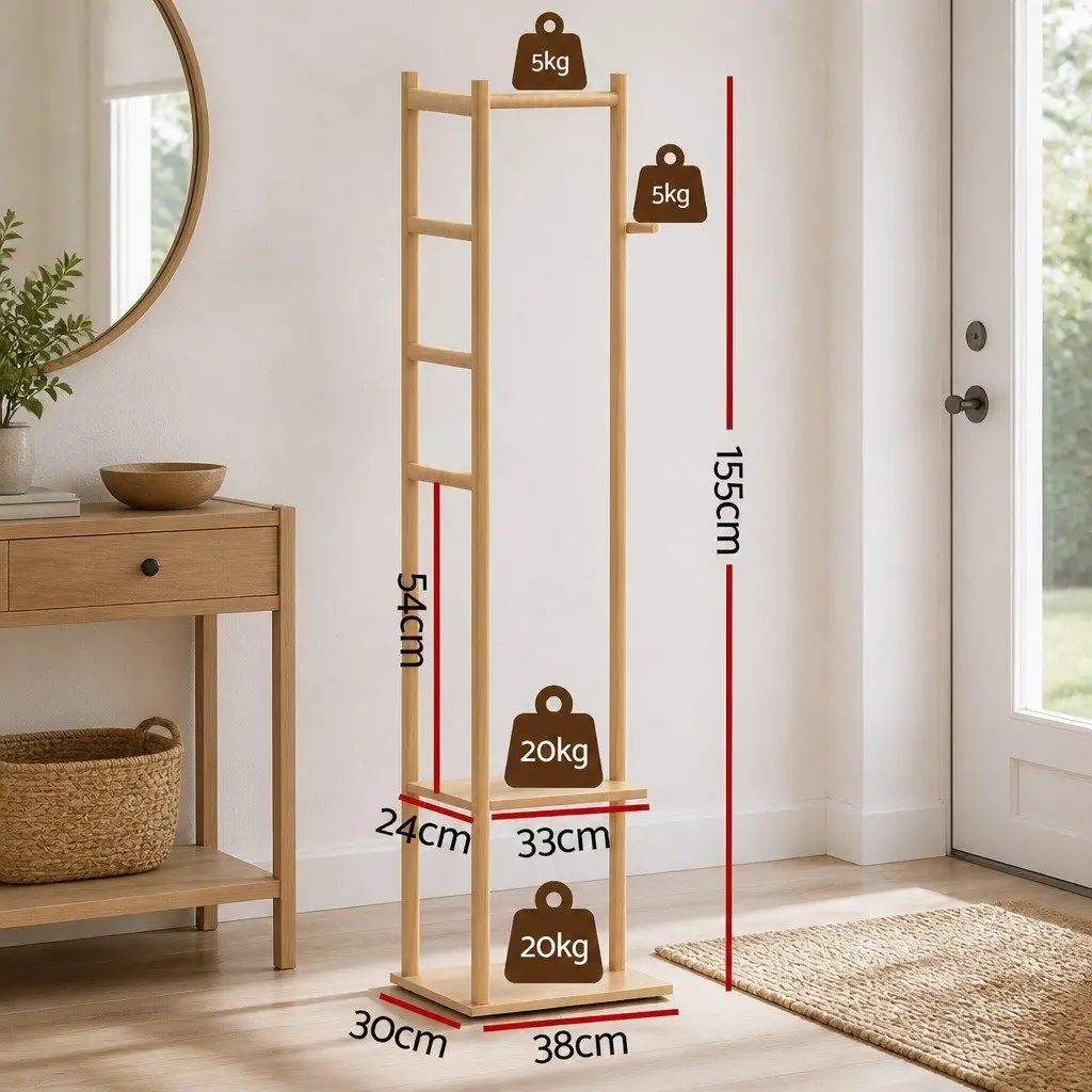 Clothes Rack Airer Coat Stand with Hanging Rail Storage Shelf Side Hook Bamboo