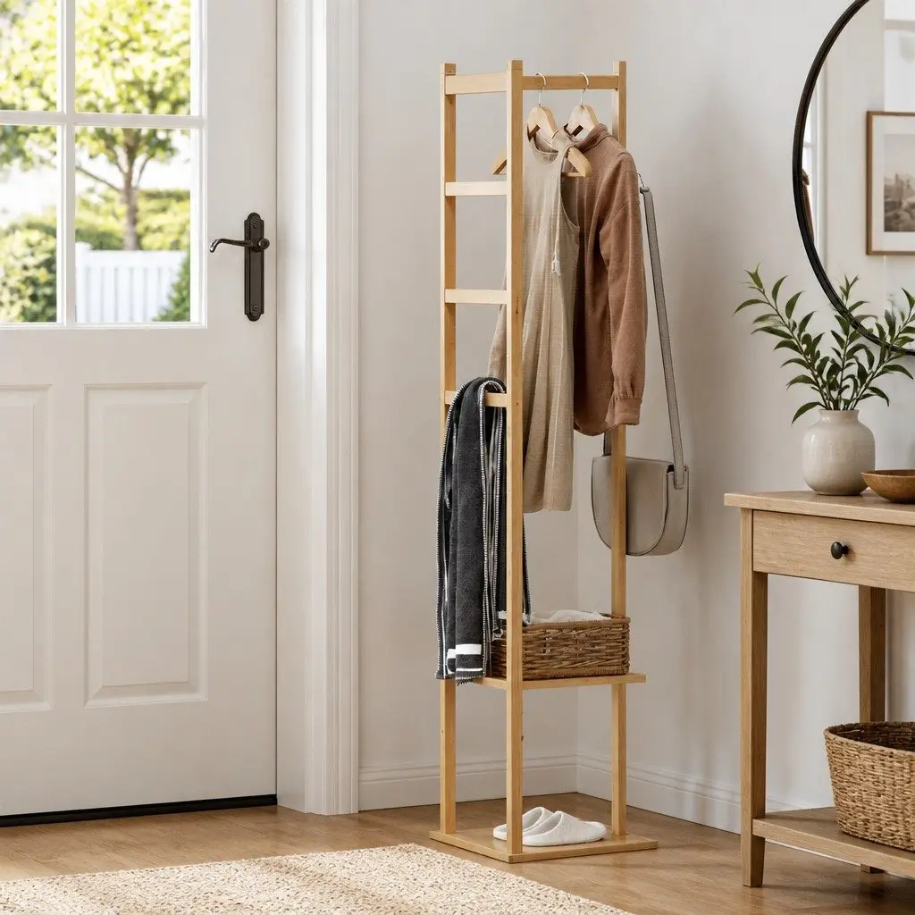 Clothes Rack Airer Coat Stand with Hanging Rail Storage Shelf Side Hook Bamboo