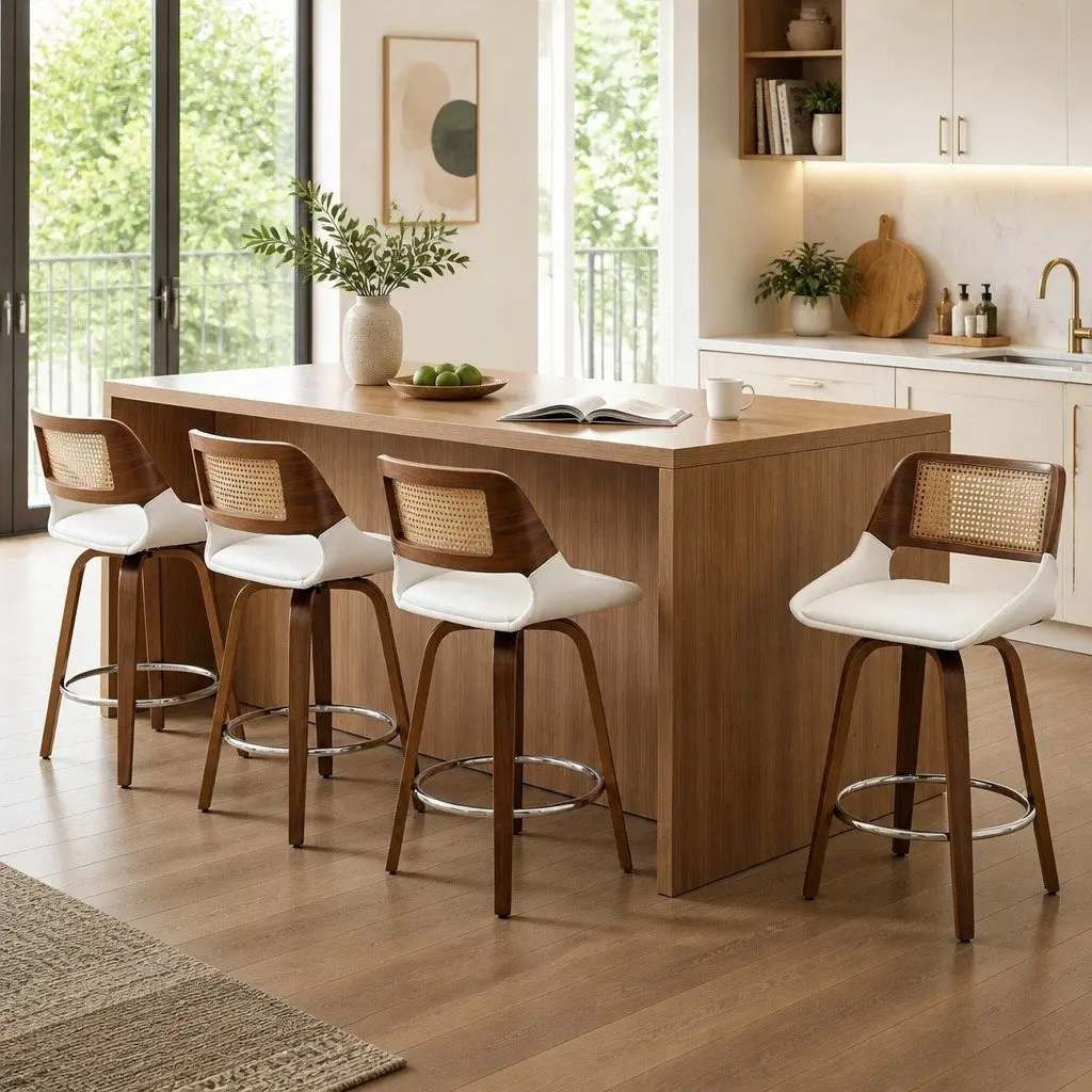 Set of 4 Walnut and White Swivel Bar Stools