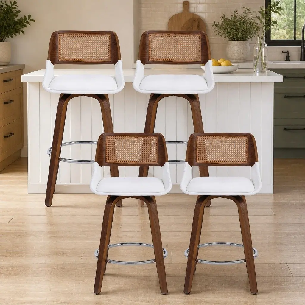 Set of 4 Walnut and White Swivel Bar Stools