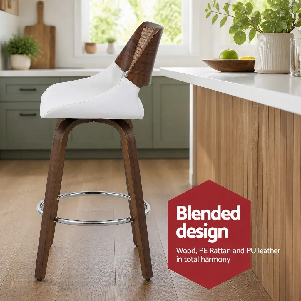 Set of 4 Walnut and White Swivel Bar Stools