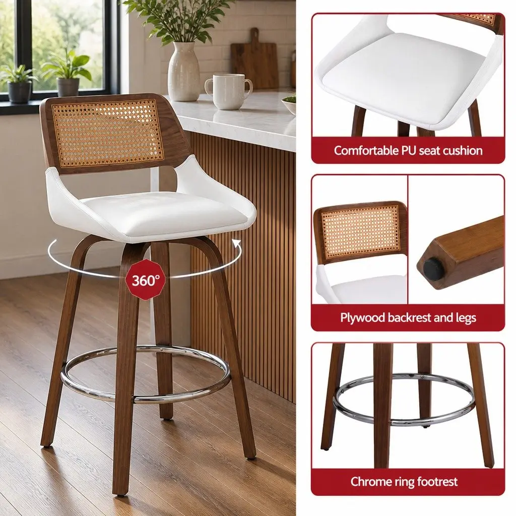Set of 4 Walnut and White Swivel Bar Stools