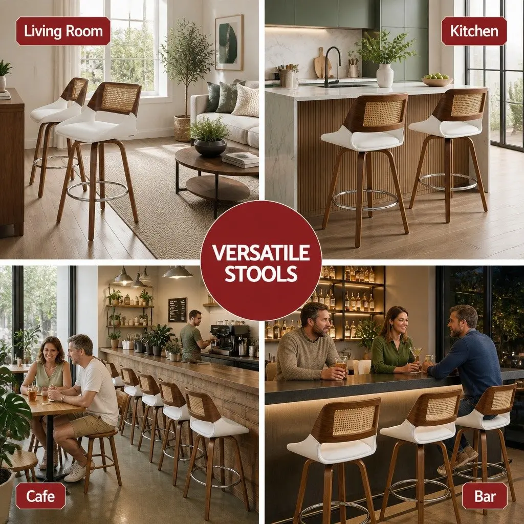 Set of 4 Walnut and White Swivel Bar Stools
