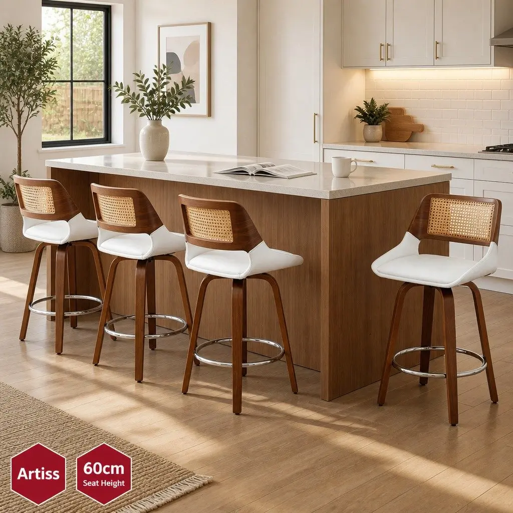 Set of 4 Walnut and White Swivel Bar Stools