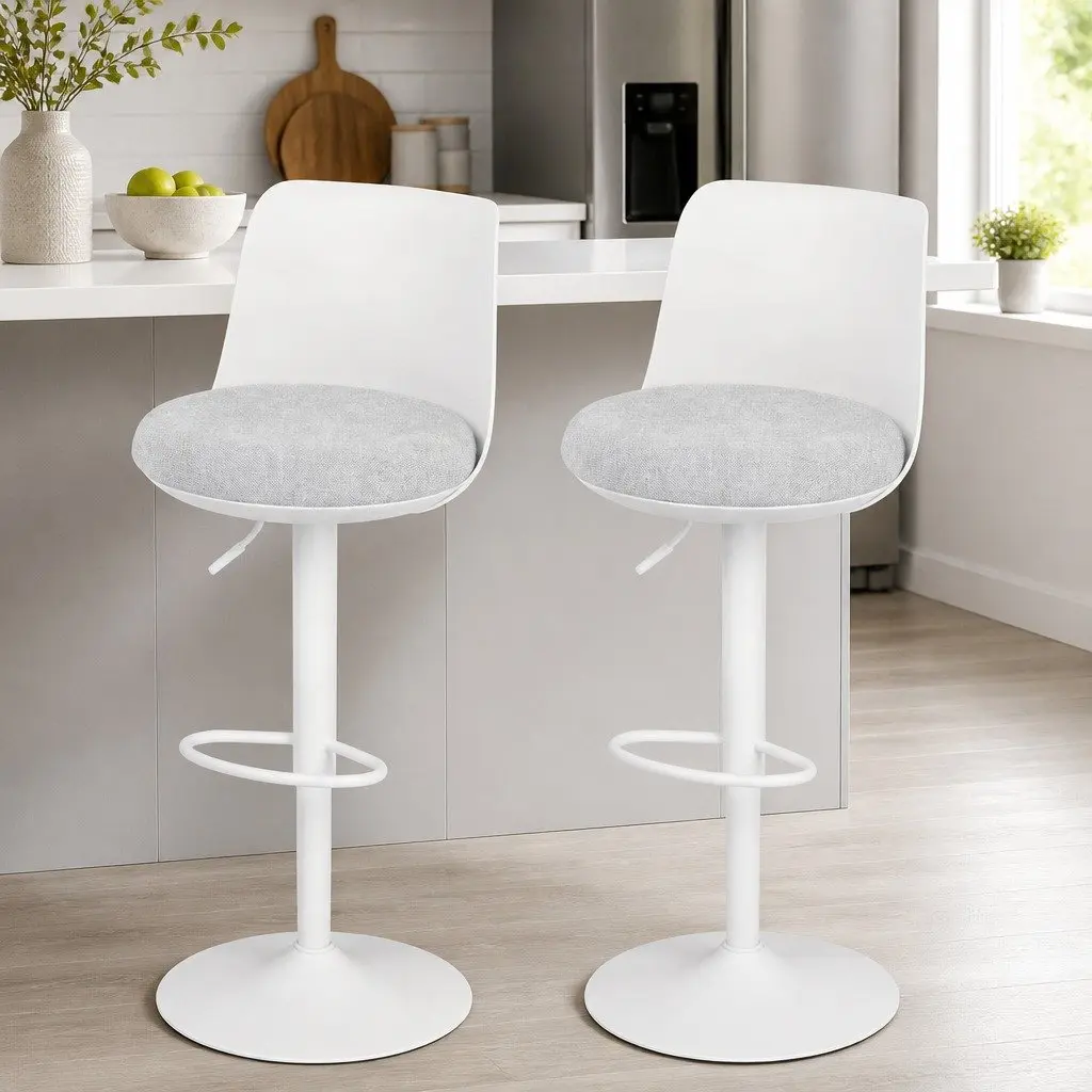 Set of 2 White Swivel Bar Stools with Gas Lift