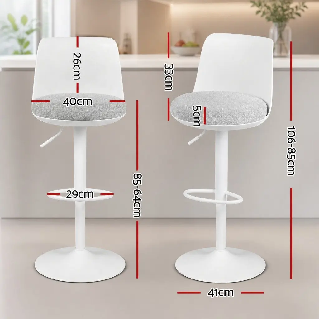 Bar Stools Swivel Adjustable Height Curved White Metal Faux Linen 41 cm W 46 cm D 64 to 85 cm Seat Height