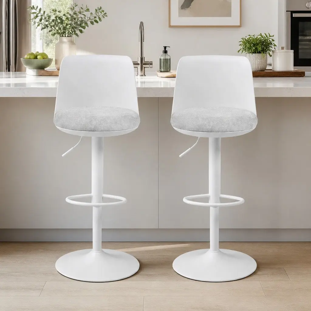 Bar Stools Swivel Adjustable Height Curved White Metal Faux Linen 41 cm W 46 cm D 64 to 85 cm Seat Height