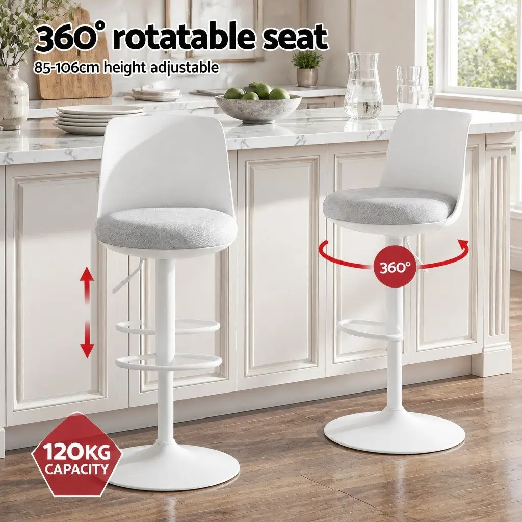 Bar Stools Swivel Adjustable Height Curved White Metal Faux Linen 41 cm W 46 cm D 64 to 85 cm Seat Height