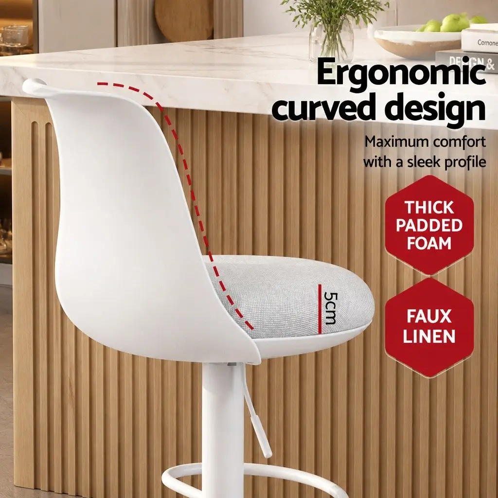 Bar Stools Swivel Adjustable Height Curved White Metal Faux Linen 41 cm W 46 cm D 64 to 85 cm Seat Height
