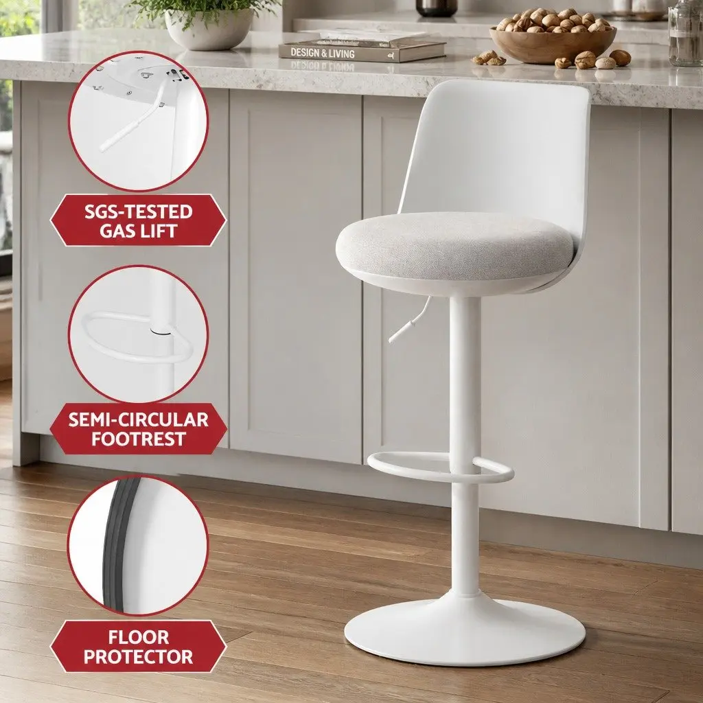 Bar Stools Swivel Adjustable Height Curved White Metal Faux Linen 41 cm W 46 cm D 64 to 85 cm Seat Height