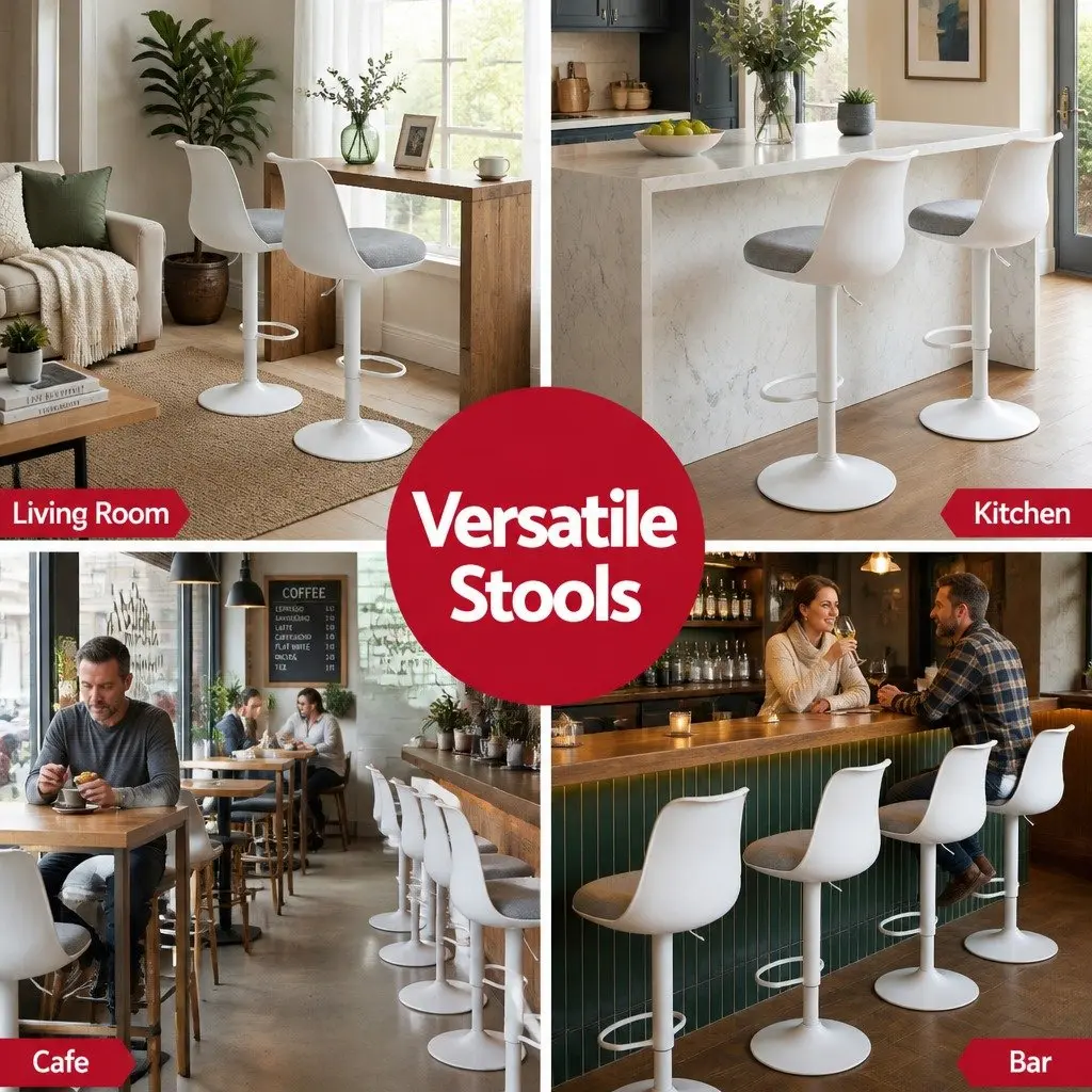 Bar Stools Swivel Adjustable Height Curved White Metal Faux Linen 41 cm W 46 cm D 64 to 85 cm Seat Height