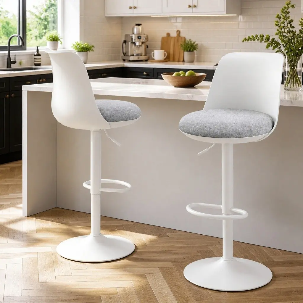 Bar Stools Swivel Adjustable Height Curved White Metal Faux Linen 41 cm W 46 cm D 64 to 85 cm Seat Height