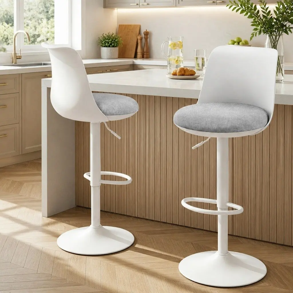 Bar Stools Swivel Adjustable Height Curved White Metal Faux Linen 41 cm W 46 cm D 64 to 85 cm Seat Height