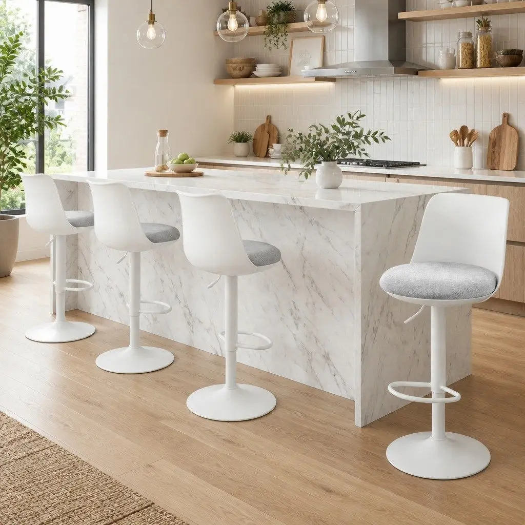 Set of 4 White Swivel Bar Stools with Gas Lift