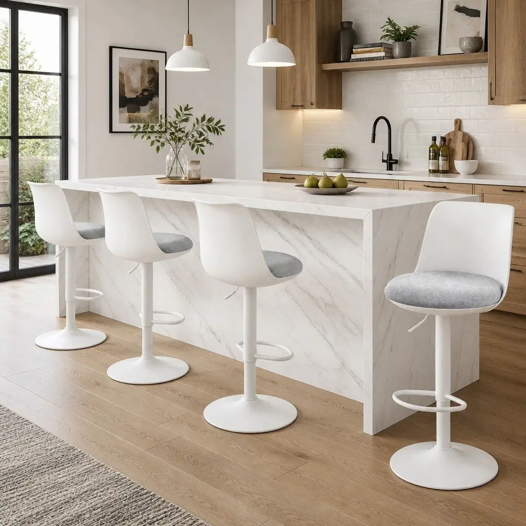 Set of 4 White Swivel Bar Stools with Gas Lift