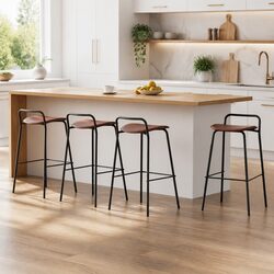 Set of 4 Brown Cushioned Bar Stools for Kitchen