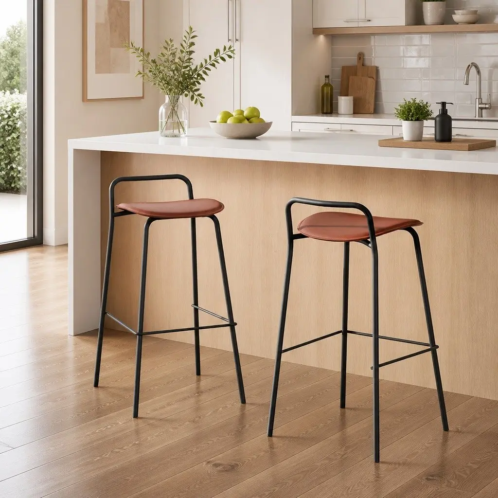 Brown Bar Stool Set of 2 with Metal Frame and Footrest