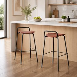 Brown Bar Stool Set of 2 with Metal Frame and Footrest
