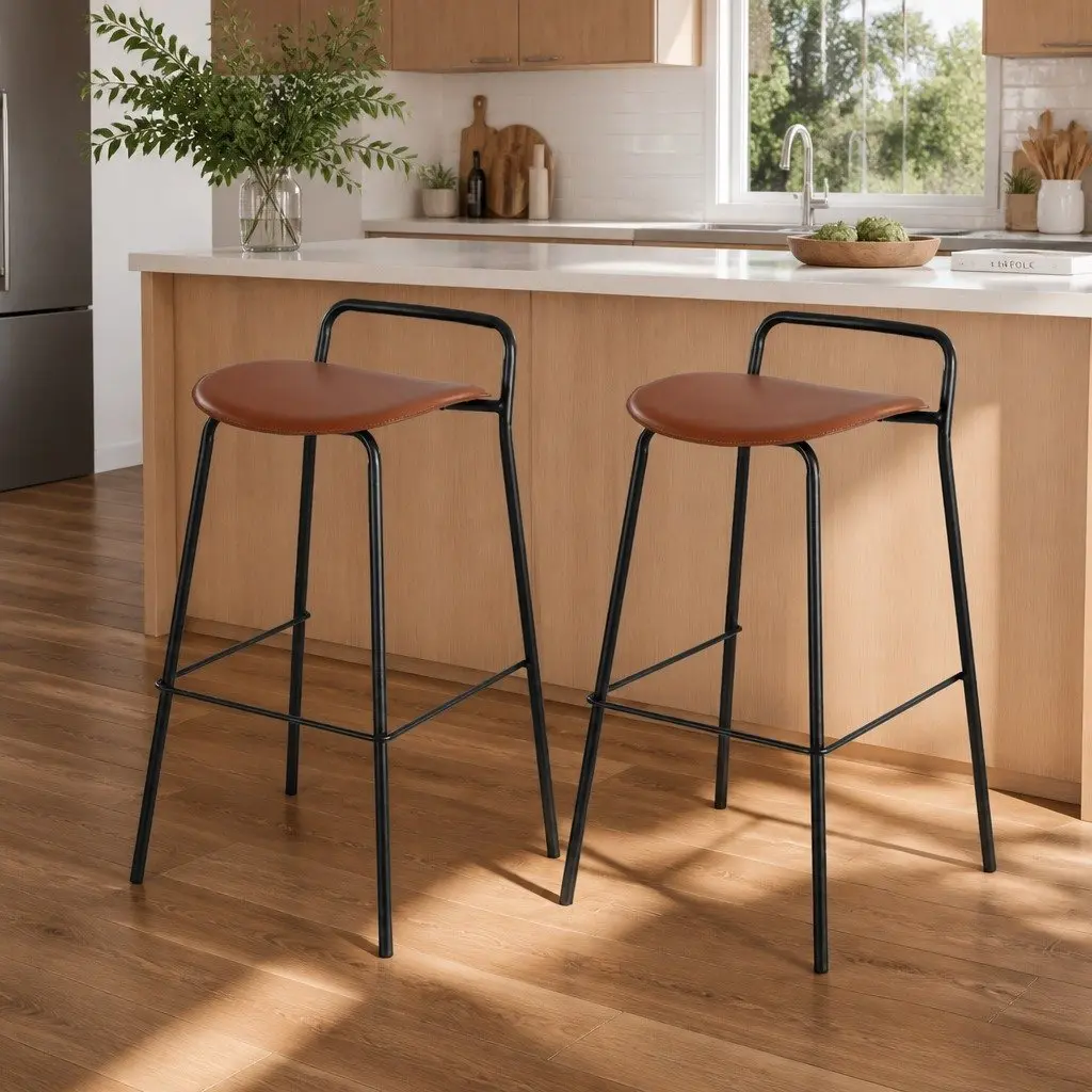 Bar Stools Metal Frame Brown Cushioned Seat Kitchen Counter Chair Set of 2
