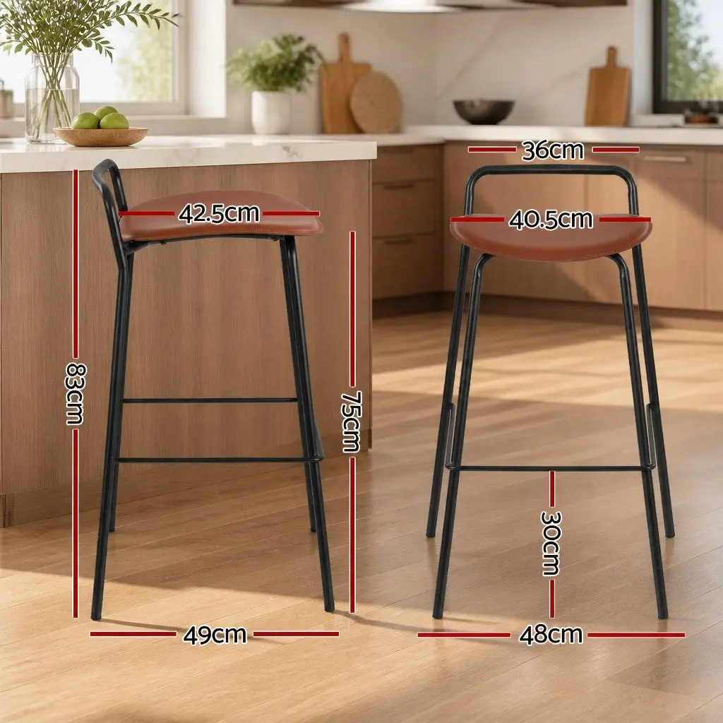 Bar Stools Metal Frame Brown Cushioned Seat Kitchen Counter Chair Set of 2