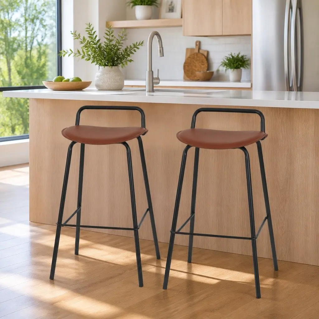 Bar Stools Metal Frame Brown Cushioned Seat Kitchen Counter Chair Set of 2