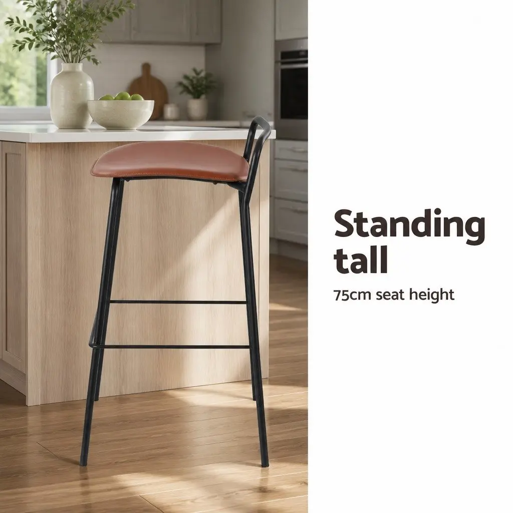 Bar Stools Metal Frame Brown Cushioned Seat Kitchen Counter Chair Set of 2