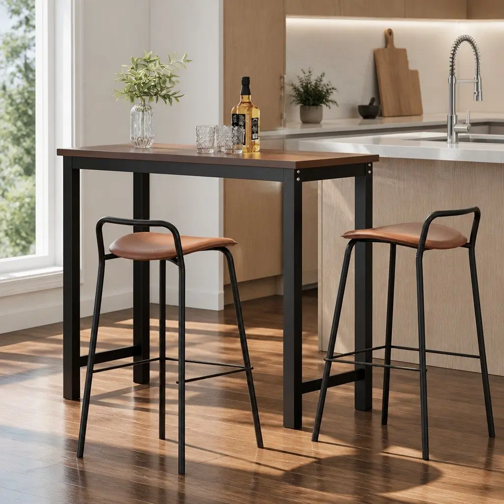 Bar Stools Metal Frame Brown Cushioned Seat Kitchen Counter Chair Set of 2