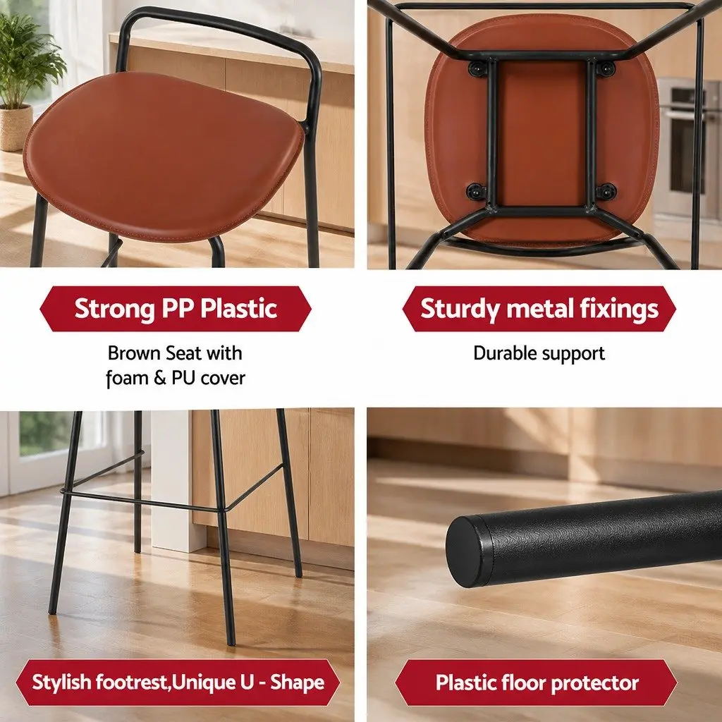 Bar Stools Metal Frame Brown Cushioned Seat Kitchen Counter Chair Set of 2