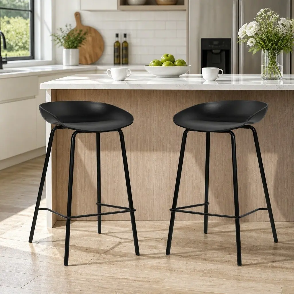 Bar Stools Set of 2 Minimalist Black Metal Frame PP Plastic Seat