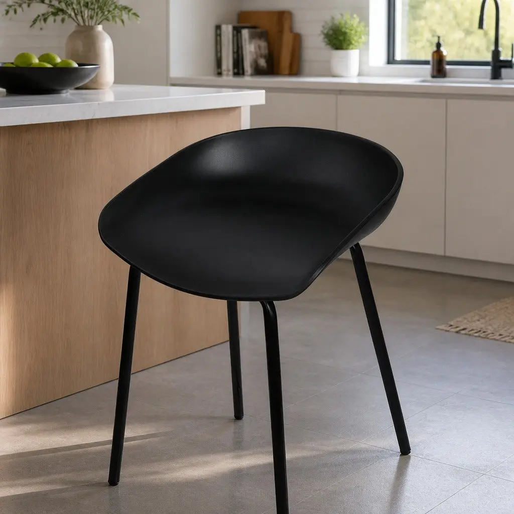 Bar Stools Set of 2 Minimalist Black Metal Frame PP Plastic Seat