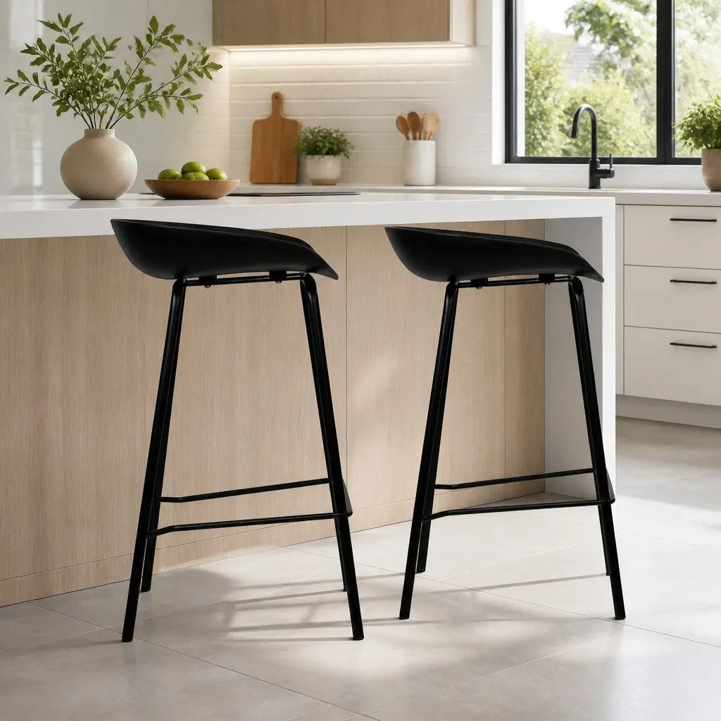Bar Stools Set of 2 Minimalist Black Metal Frame PP Plastic Seat