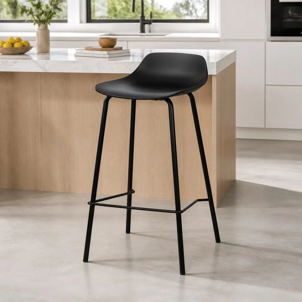 Bar Stools Set of 2 Minimalist Black Metal Frame PP Plastic Seat