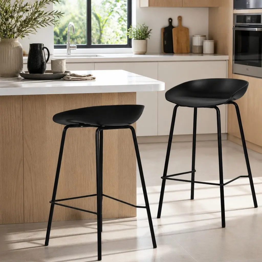 Bar Stools Set of 2 Minimalist Black Metal Frame PP Plastic Seat