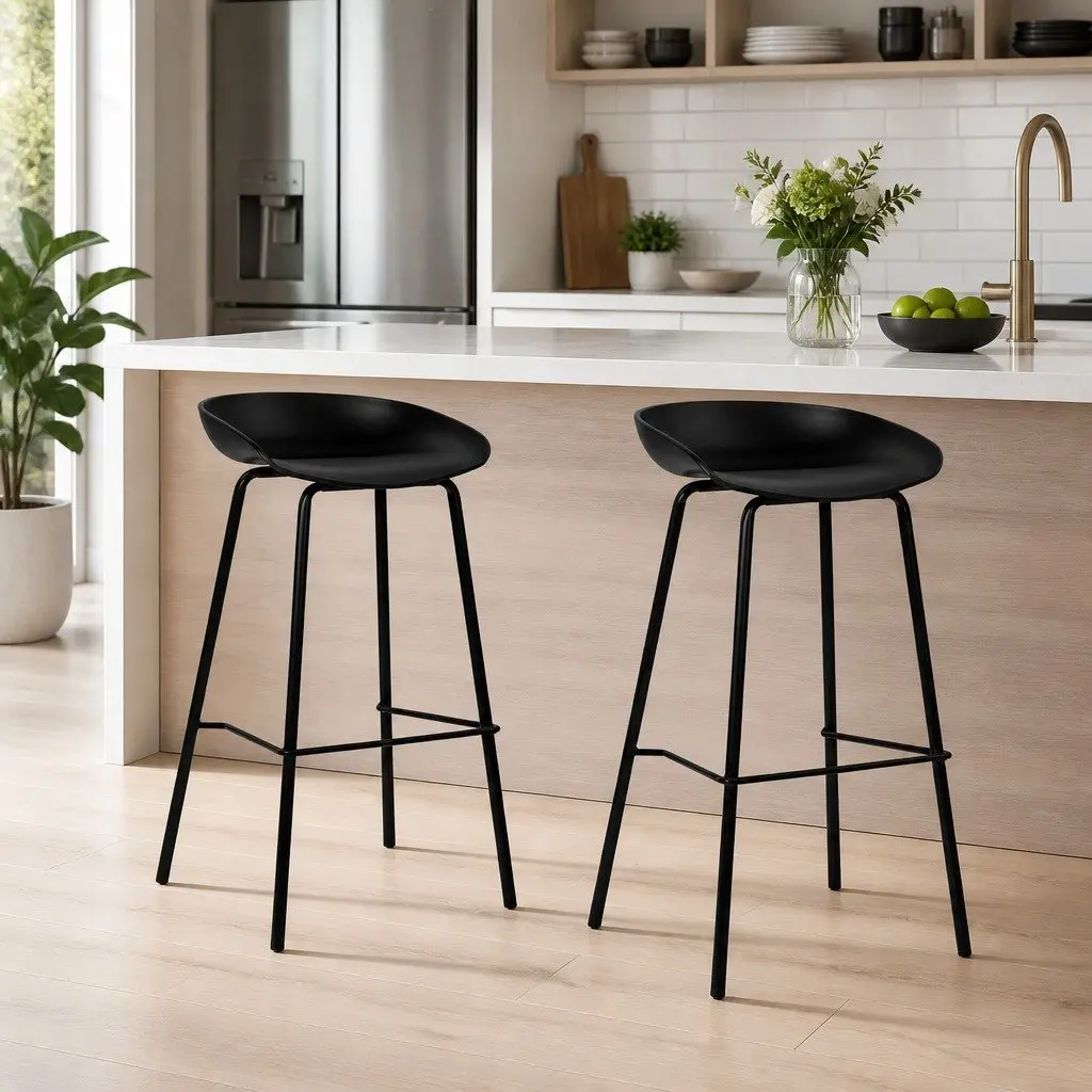 Bar Stools Set of 2 Minimalist Black Metal Frame PP Plastic Seat