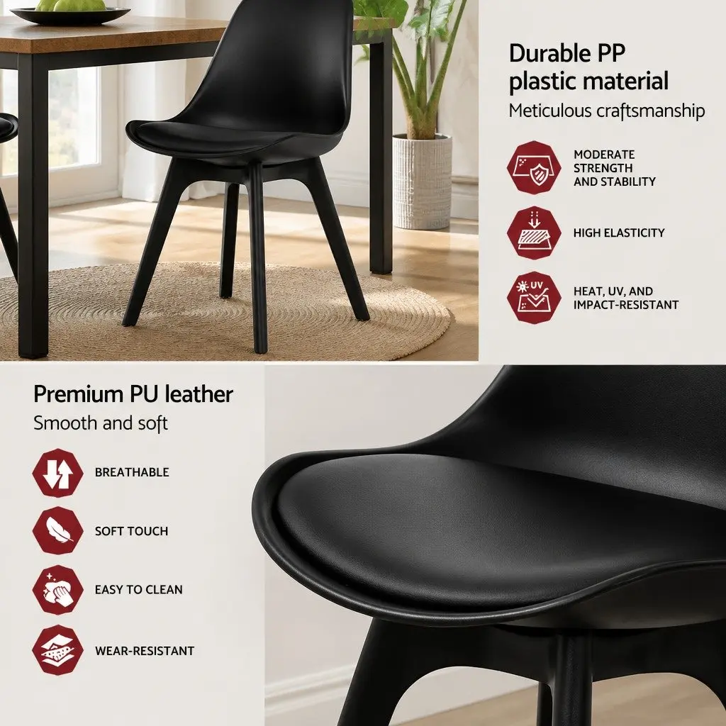 Set of 4 Black Dining Chairs with Padded Seats