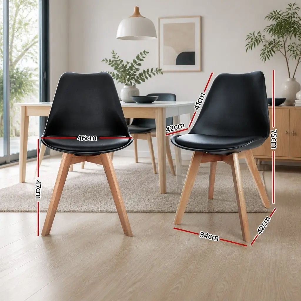 Dining Chairs Modern Black PU Leather Seat Beech Wooden Legs 4 Piece