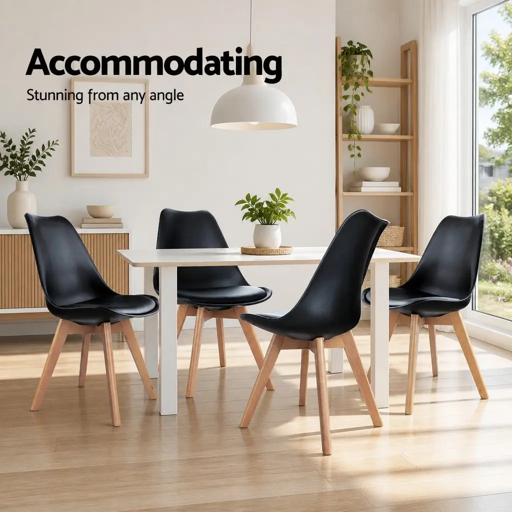 Dining Chairs Modern Black PU Leather Seat Beech Wooden Legs 4 Piece