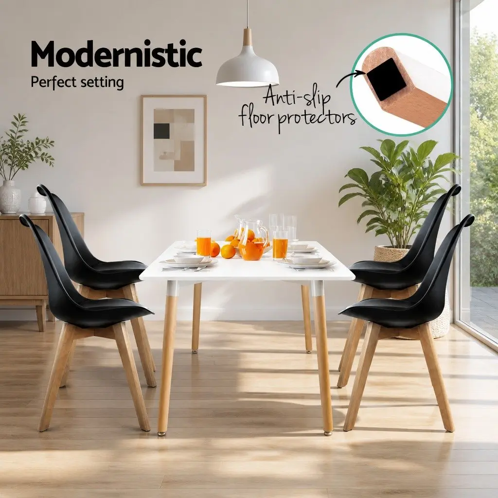 Dining Chairs Modern Black PU Leather Seat Beech Wooden Legs 4 Piece