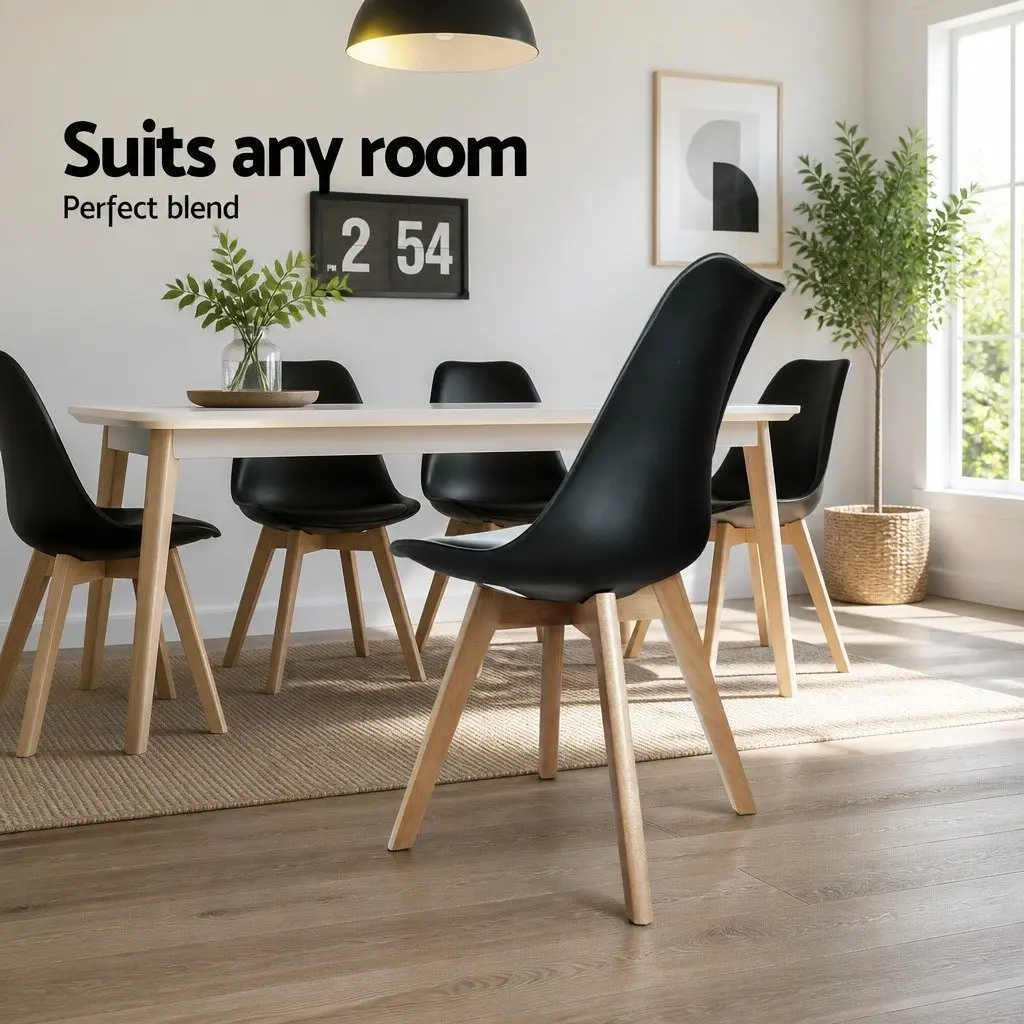 Dining Chairs Modern Black PU Leather Seat Beech Wooden Legs 4 Piece