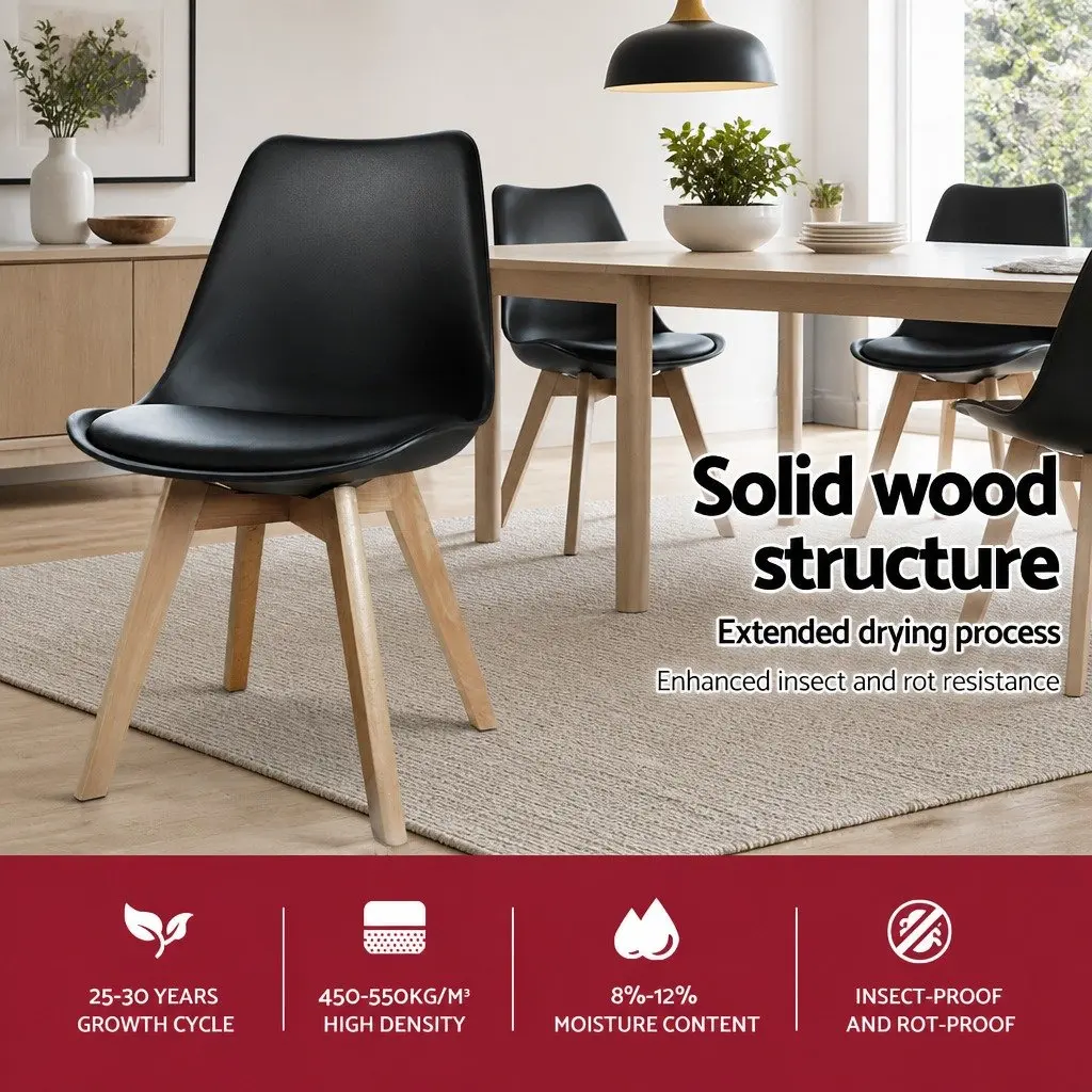 Dining Chairs Modern Black PU Leather Seat Beech Wooden Legs 4 Piece