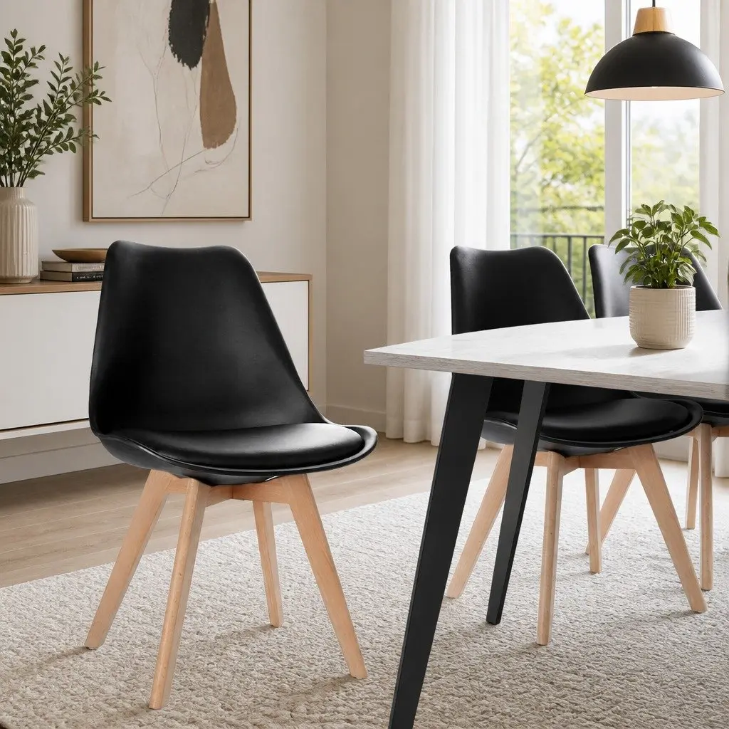 Dining Chairs Modern Black PU Leather Seat Beech Wooden Legs 4 Piece