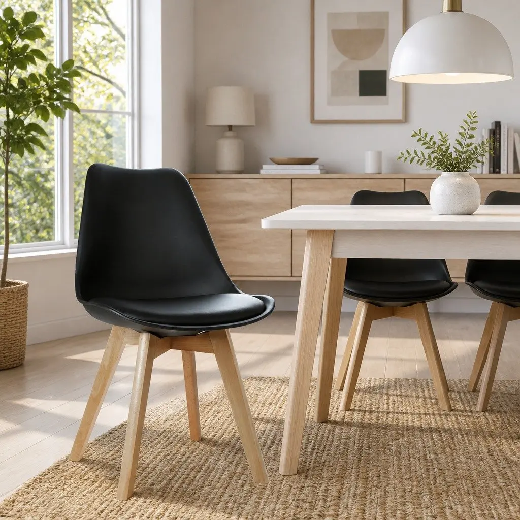 Dining Chairs Modern Black PU Leather Seat Beech Wooden Legs 4 Piece
