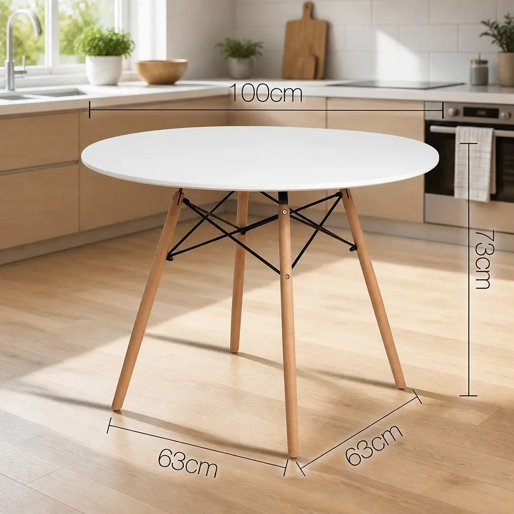 Round Dining Table 100cm White 4 Seater MDF Beech Wood Legs Modern Design