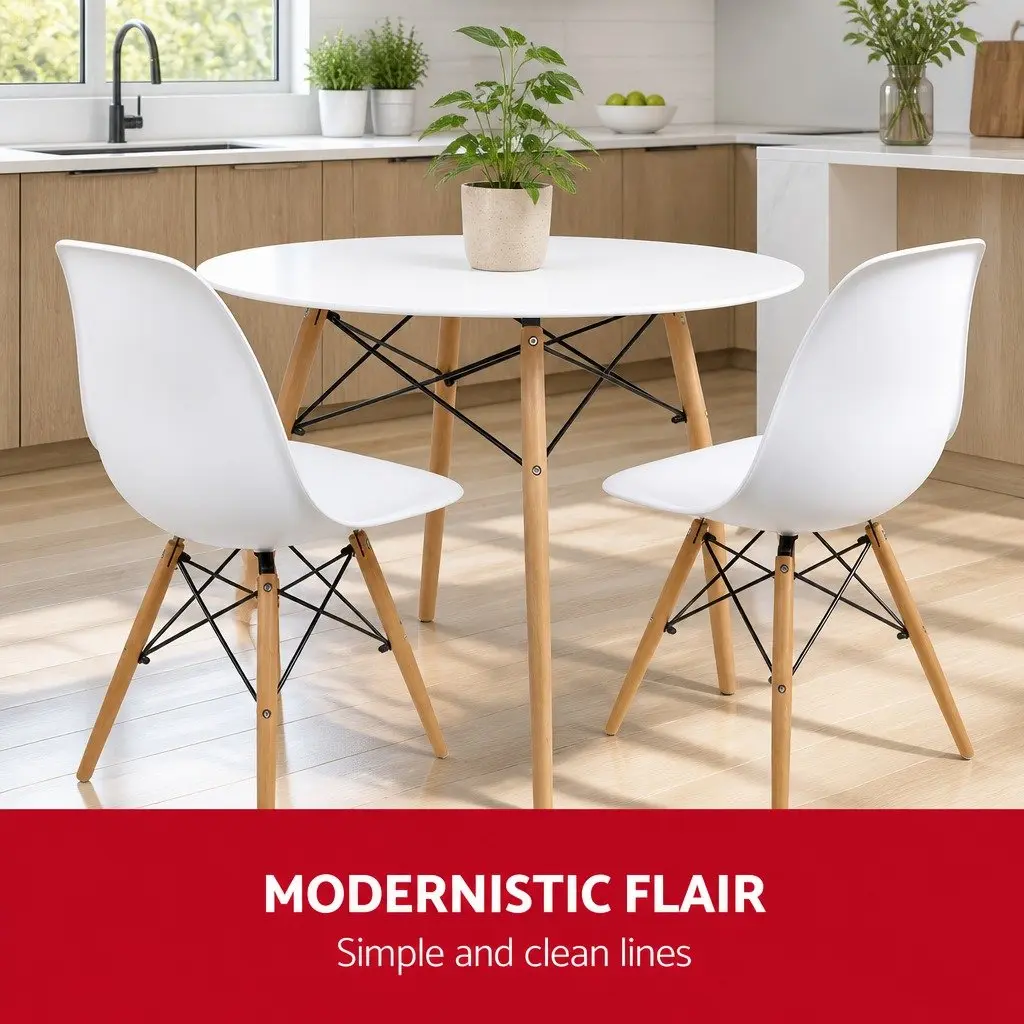Round Dining Table 100cm White 4 Seater MDF Beech Wood Legs Modern Design