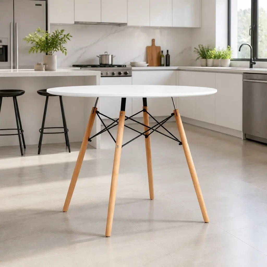 White Round Dining Table 90cm for 4 with Beech Legs