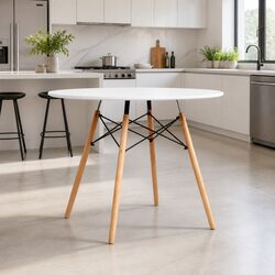 White Round Dining Table 90cm for 4 with Beech Legs