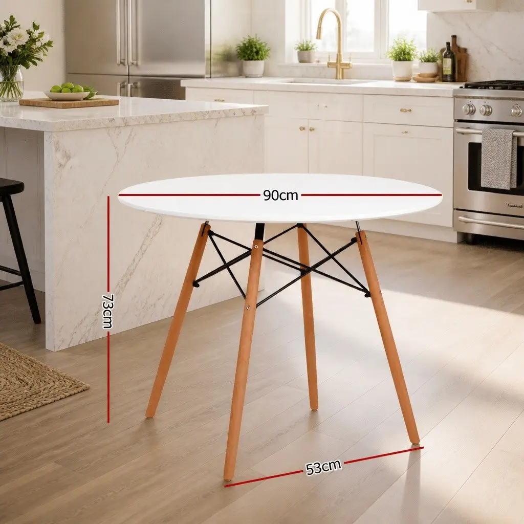 White Round Dining Table 90cm for 4 with Beech Legs
