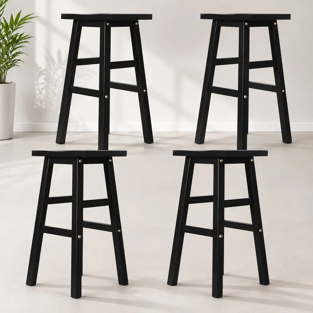 Bar Stools Wooden Saddle Seat Black 4 Piece Set