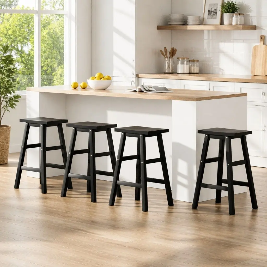 Bar Stools Wooden Saddle Seat Black 4 Piece Set